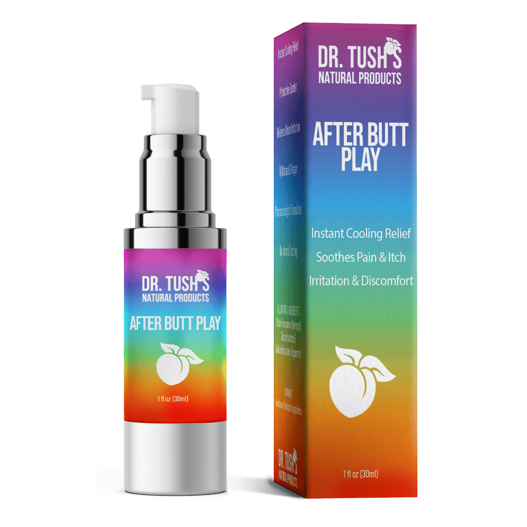 Dr. Tush's After Butt Play product with rainbow packaging without cap on a transparent background