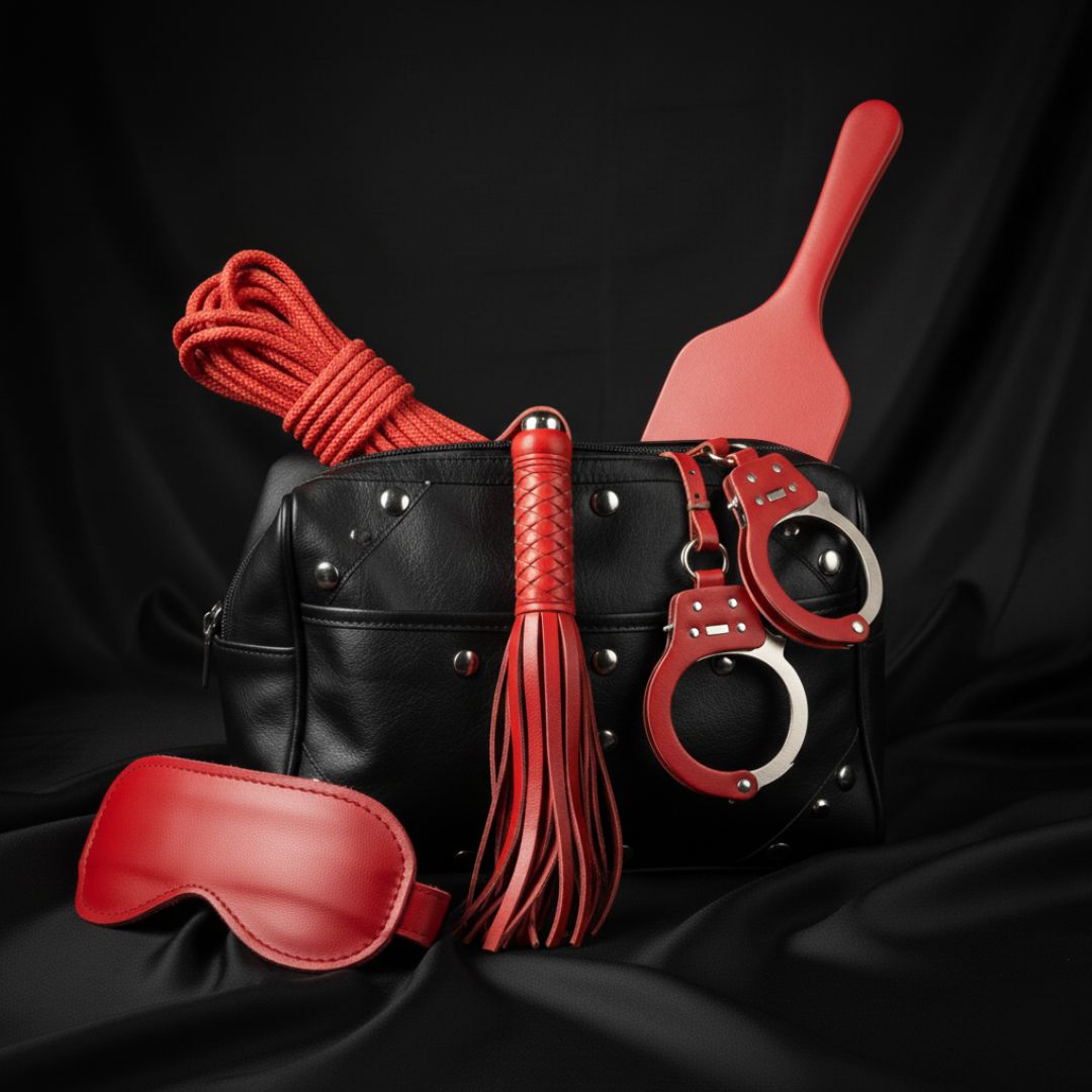 Collection of red and black bondage accessories on a black background