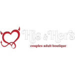 Logo of a His & Hers adult boutique with a red heart design on a transparent background
