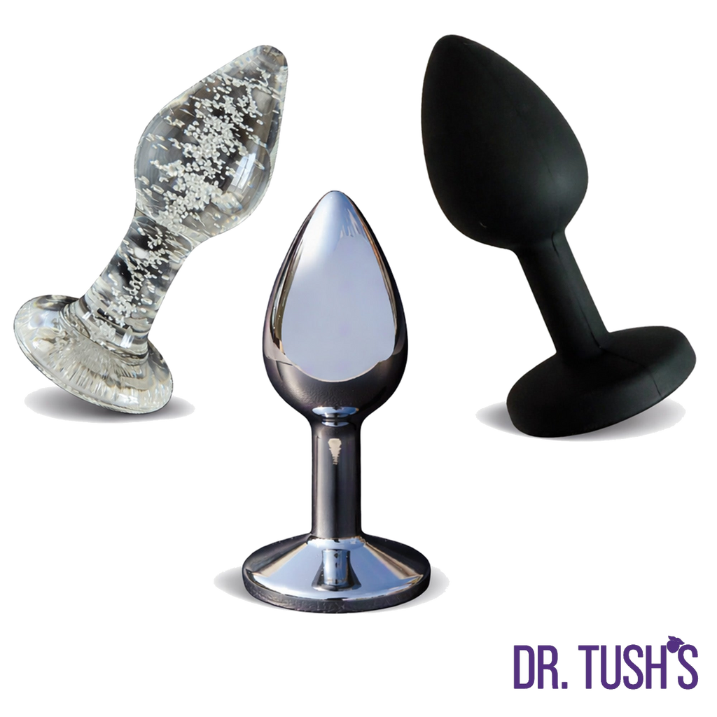 Beginner Anal Plugs with Glass, Metal and Silicone with 'Dr. Tush' branding on a white background