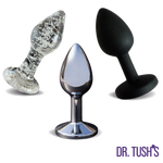 Beginner Anal Plugs with Glass, Metal and Silicone with 'Dr. Tush' branding on a white background