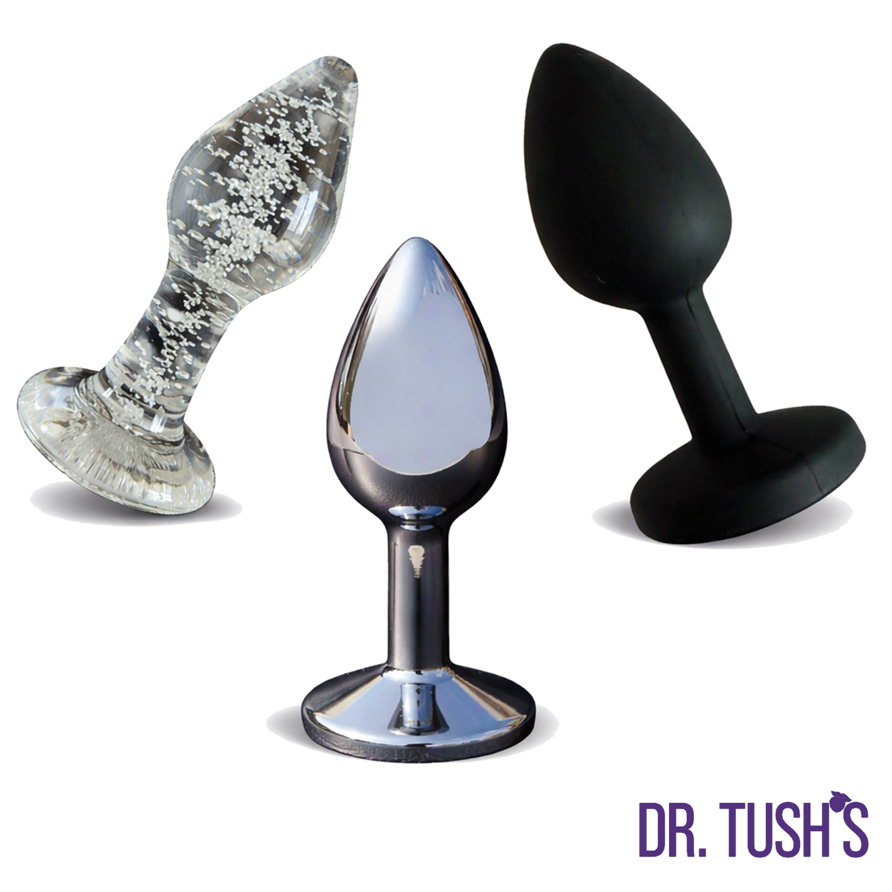 Beginner Anal Plugs with Glass, Metal and Silicone with 'Dr. Tush' branding on a white background