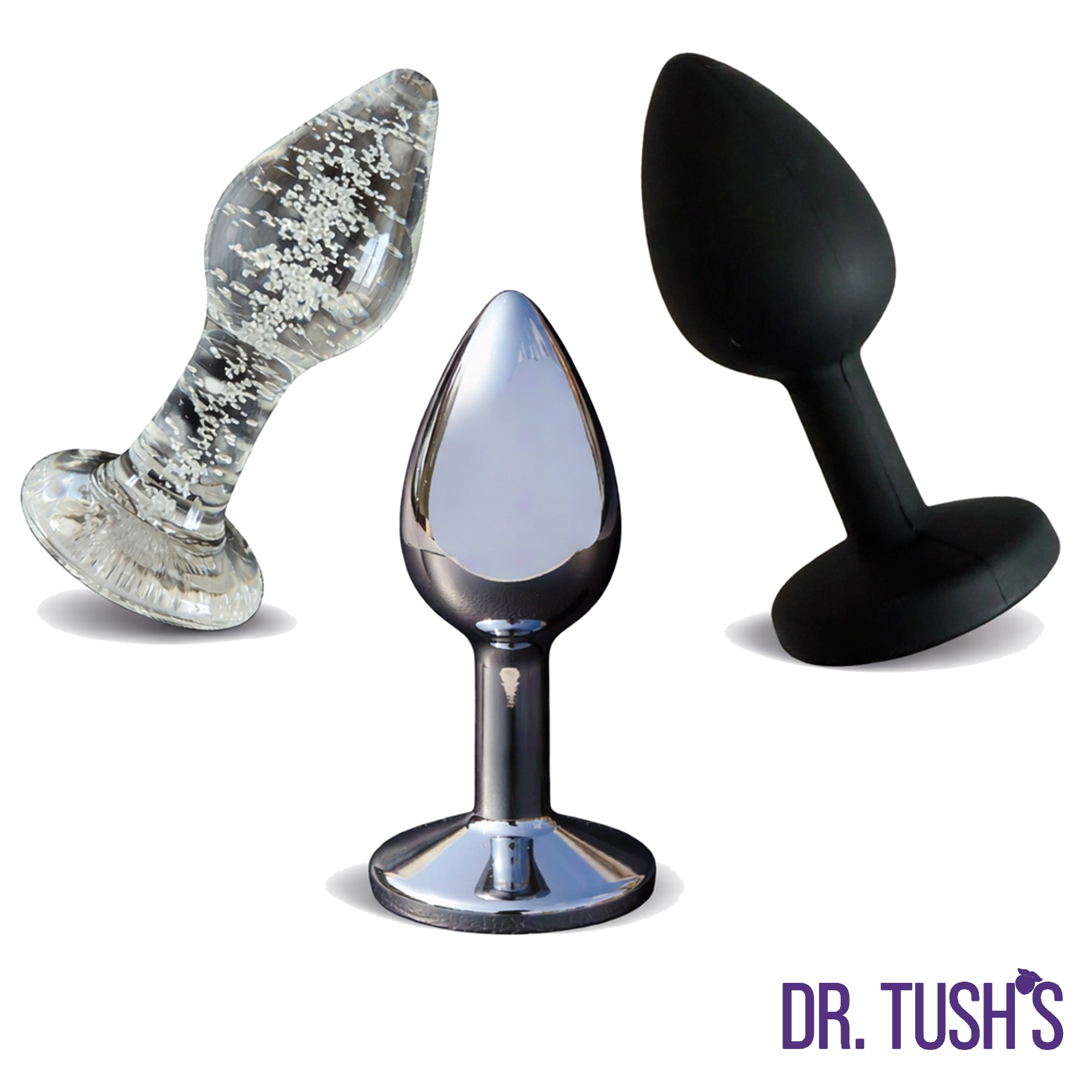 Beginner Anal Plugs with Glass, Metal and Silicone with 'Dr. Tush' branding on a white background