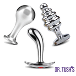 Three metallic butt plugs with 'Dr. Tush's' branding on a white background