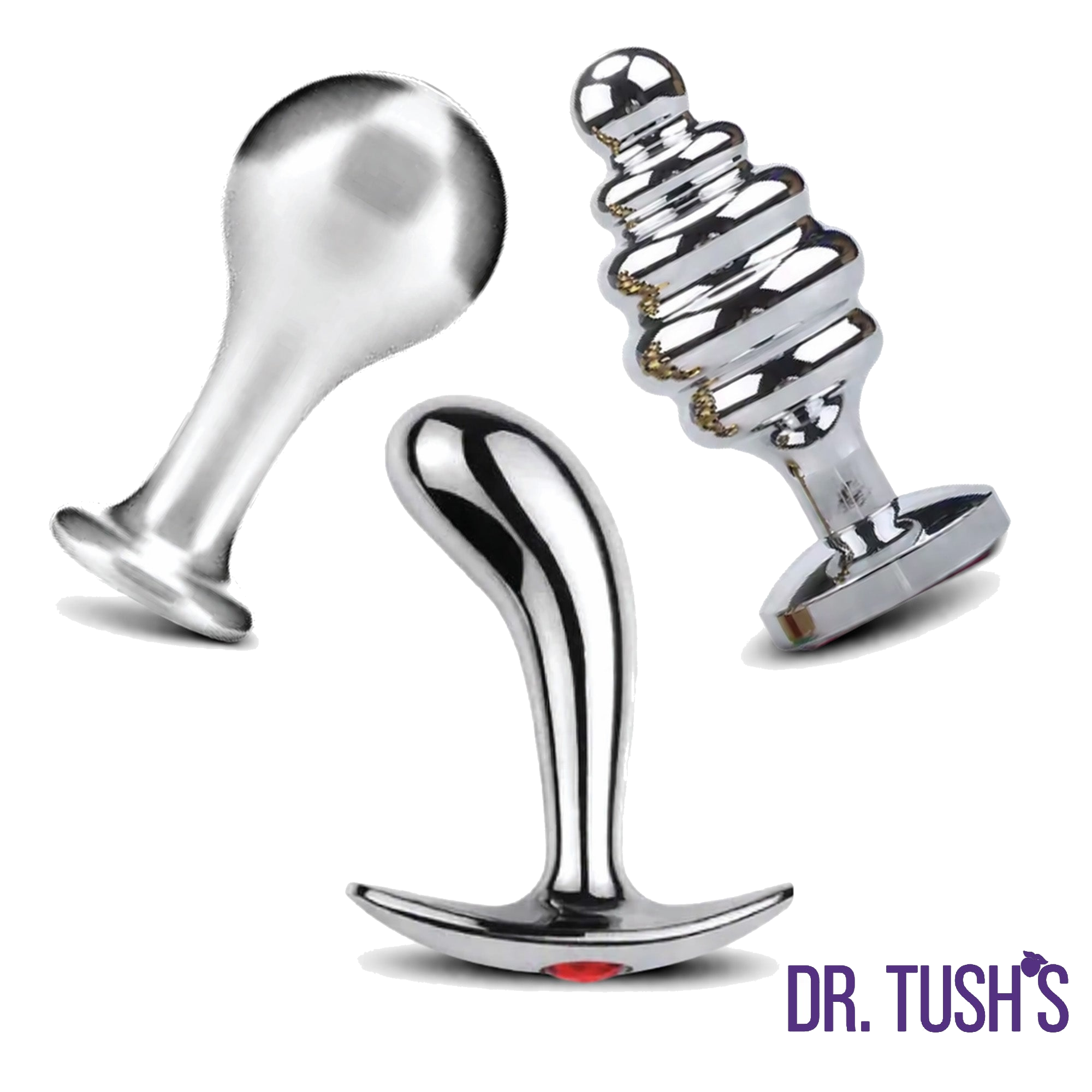 Three metallic butt plugs with 'Dr. Tush's' branding on a white background