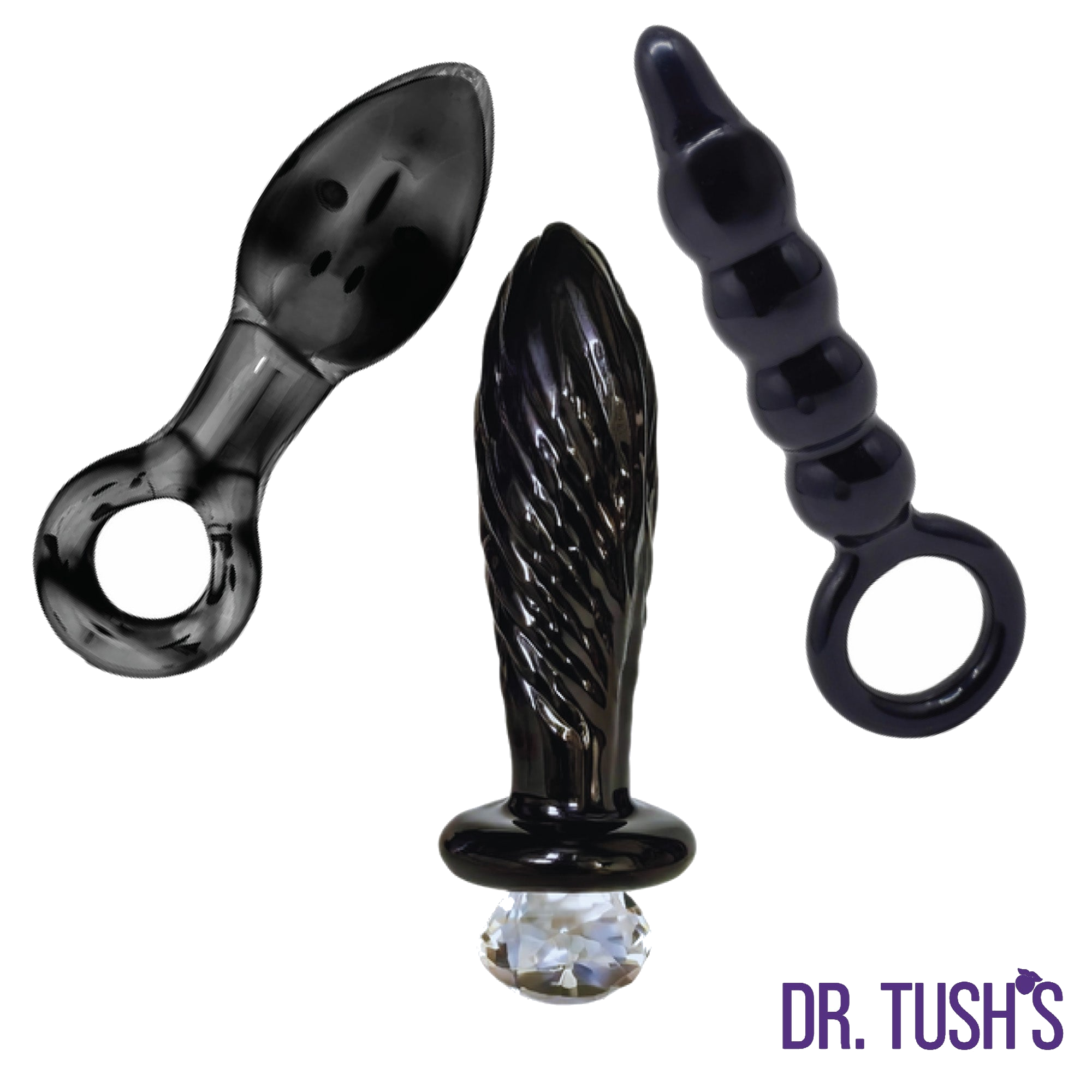 Three black glass butt plugs on a white background with 'Dr. Tush's' branding. Dark Curiosity collection