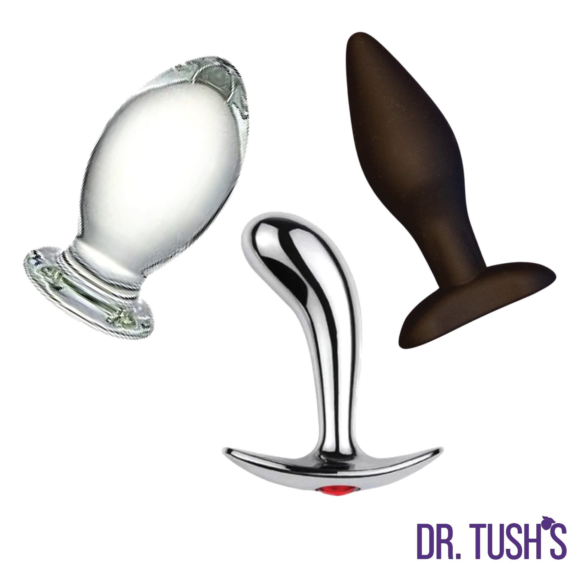 Three anal plugs of Glass, Silicone and metal prostate massager of 'Dr. Tush' products on a white background