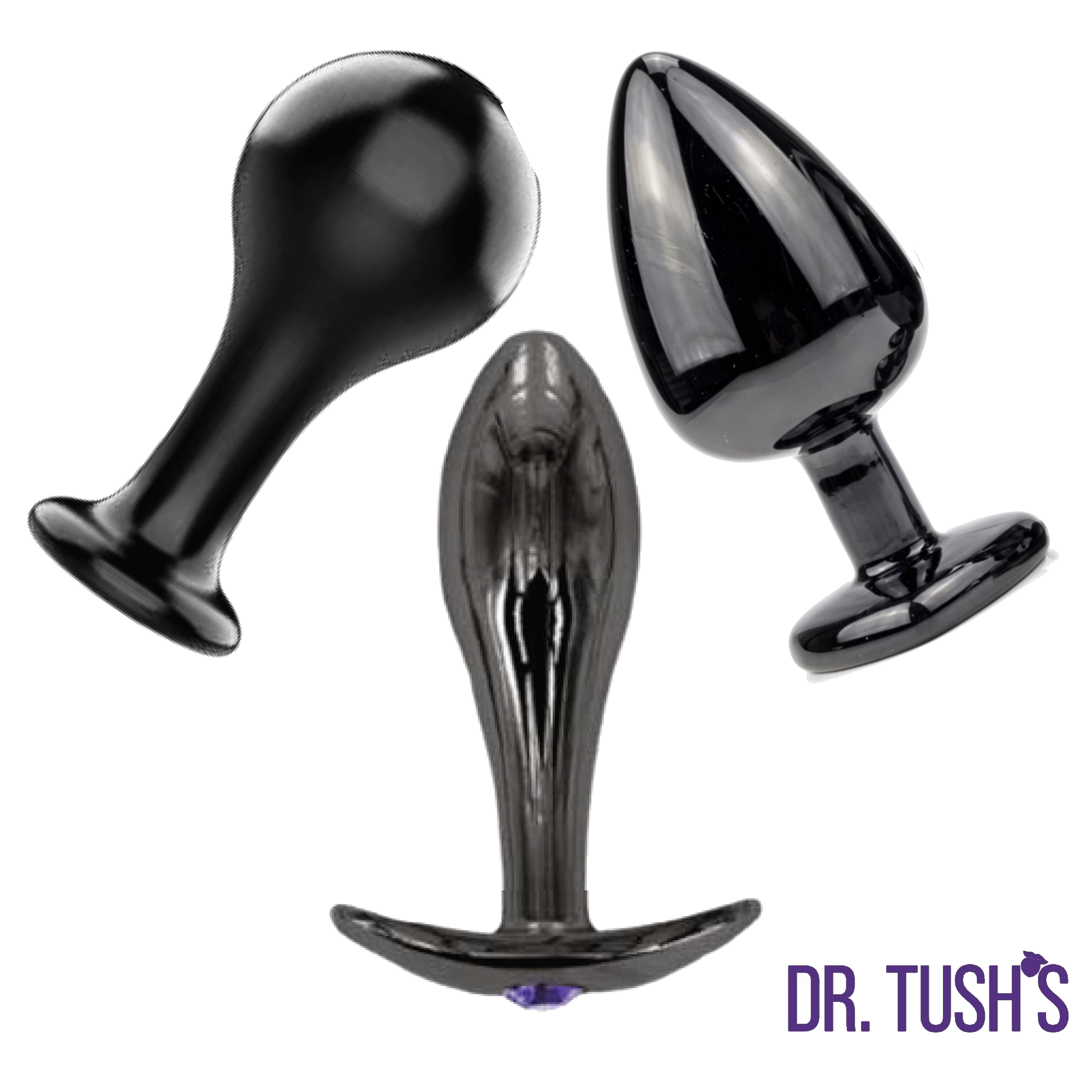 Three black glass anal plugs on a white background with 'Dr. Tush's' branding.