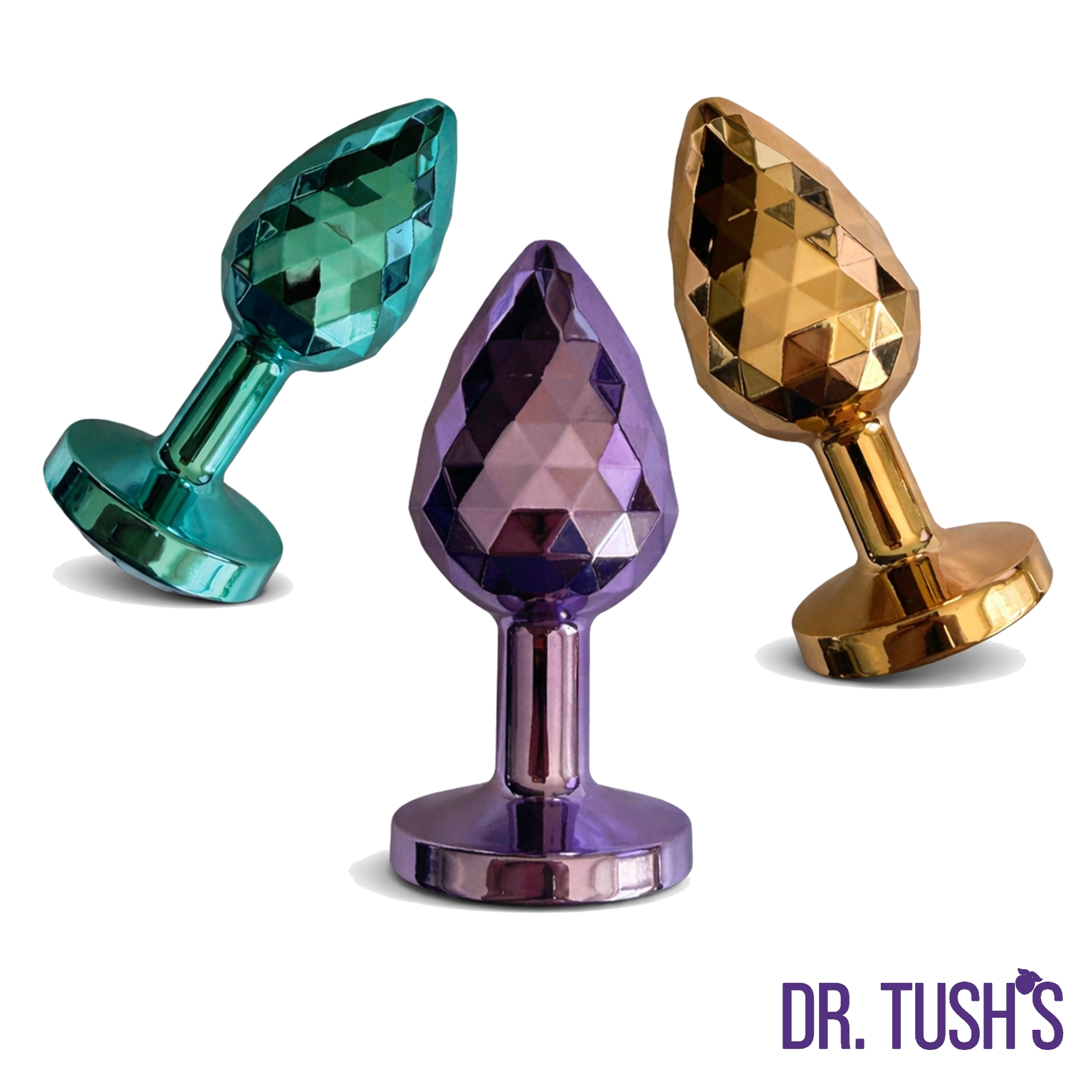 Three colorful anal plugs Dragon Pearls with 'Dr. Tush' branding on a white background