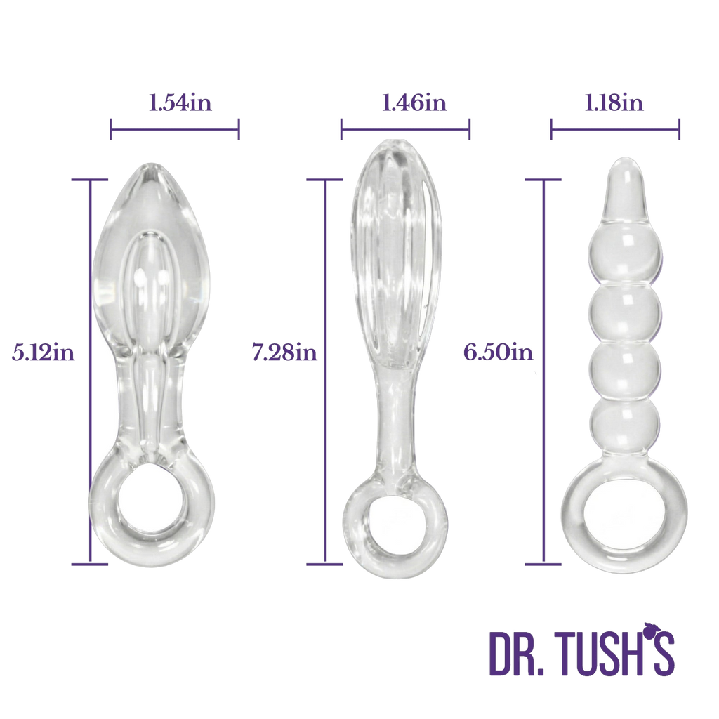 Glass Anal Plugs with with measurements 'Dr. Tush' branding on a white background