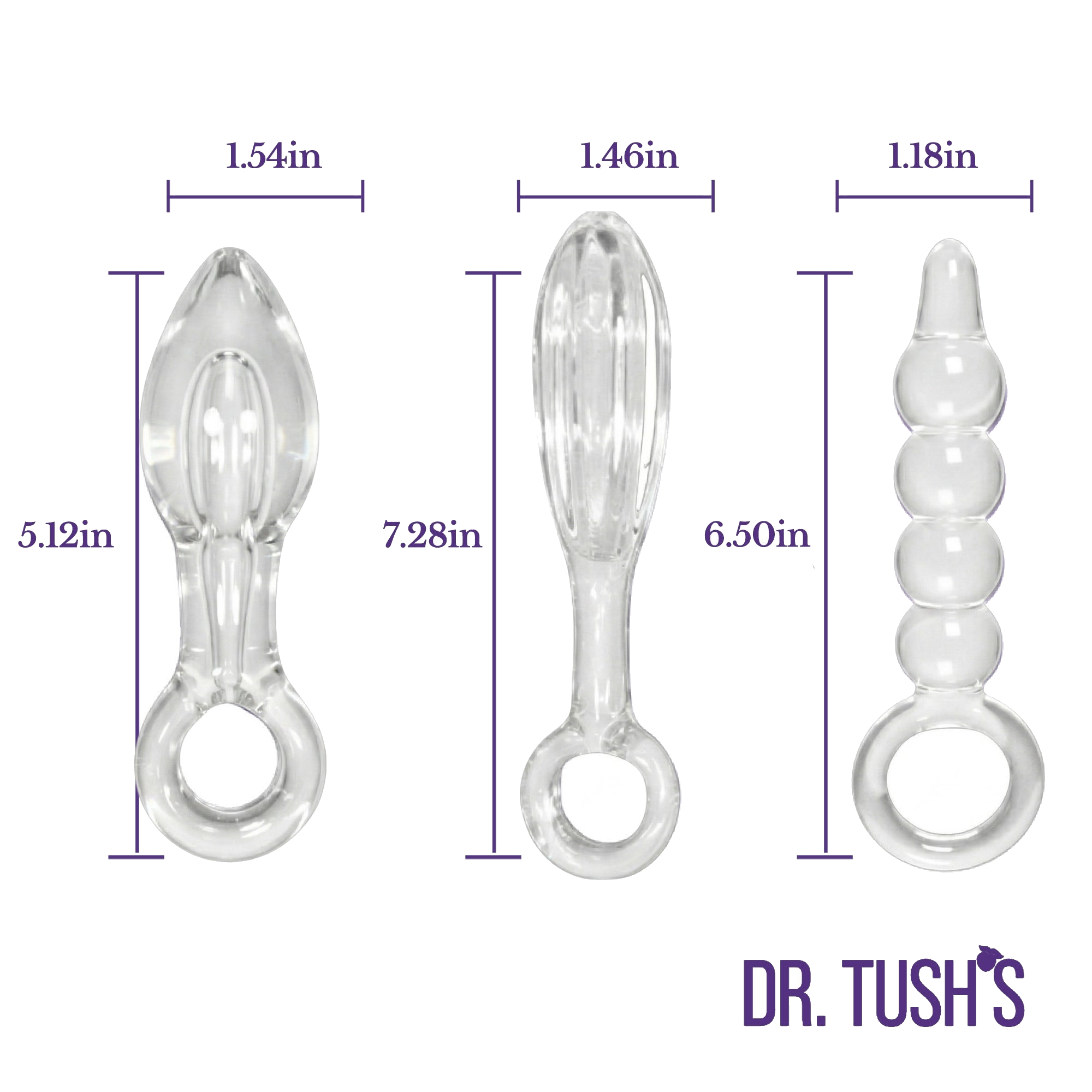 Glass Anal Plugs with with measurements 'Dr. Tush' branding on a white background