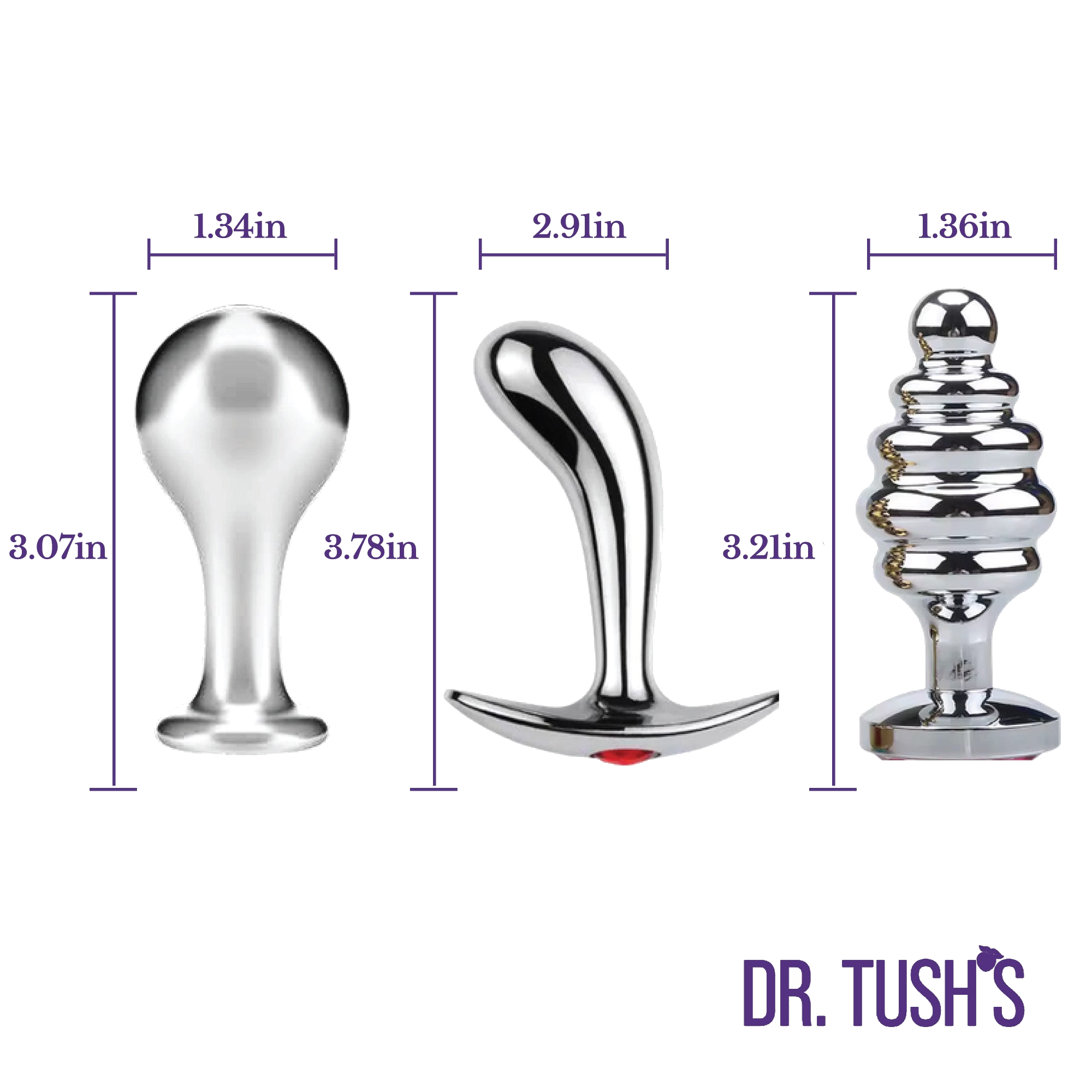 Three metallic butt plugs with measurements and 'Dr. Tush's' branding on a white background