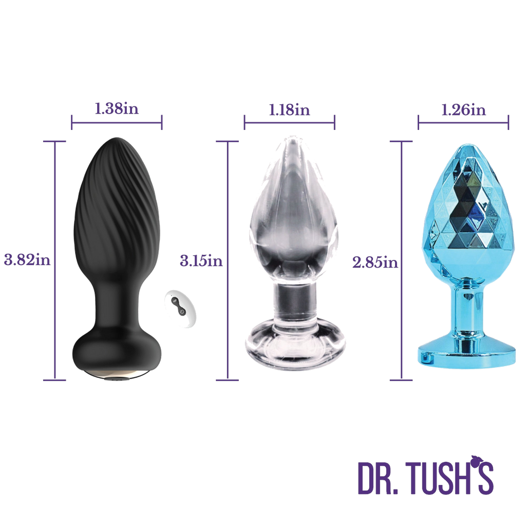 Three variety butt plugs in glass, silicone, and metal with dimensions with 'Dr. Tush' branding on a white background.