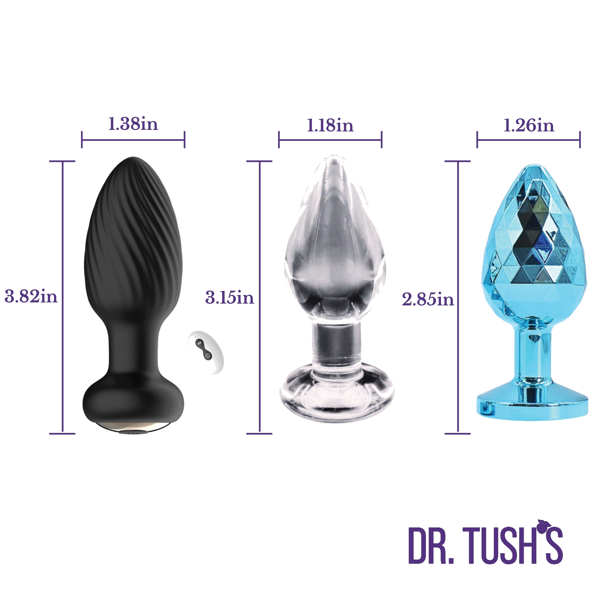 Three variety butt plugs in glass, silicone, and metal with dimensions with 'Dr. Tush' branding on a white background.
