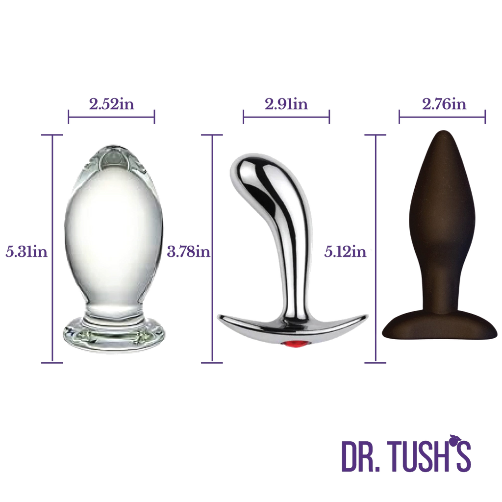 Three anal plugs of Glass, Silicone and metal prostate massager with dimensions of 'Dr. Tush' products on a white background