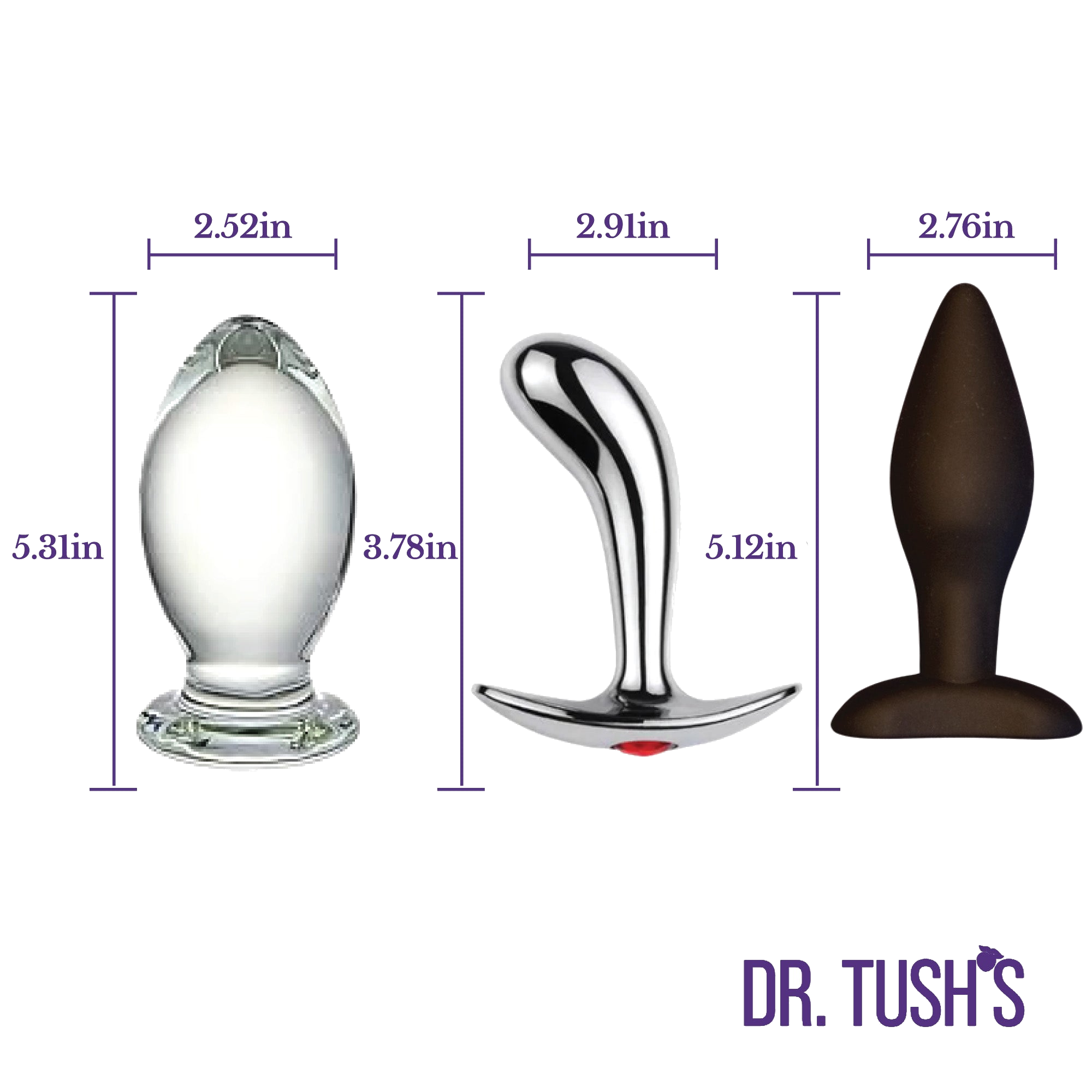 Three anal plugs of Glass, Silicone and metal prostate massager with dimensions of 'Dr. Tush' products on a white background