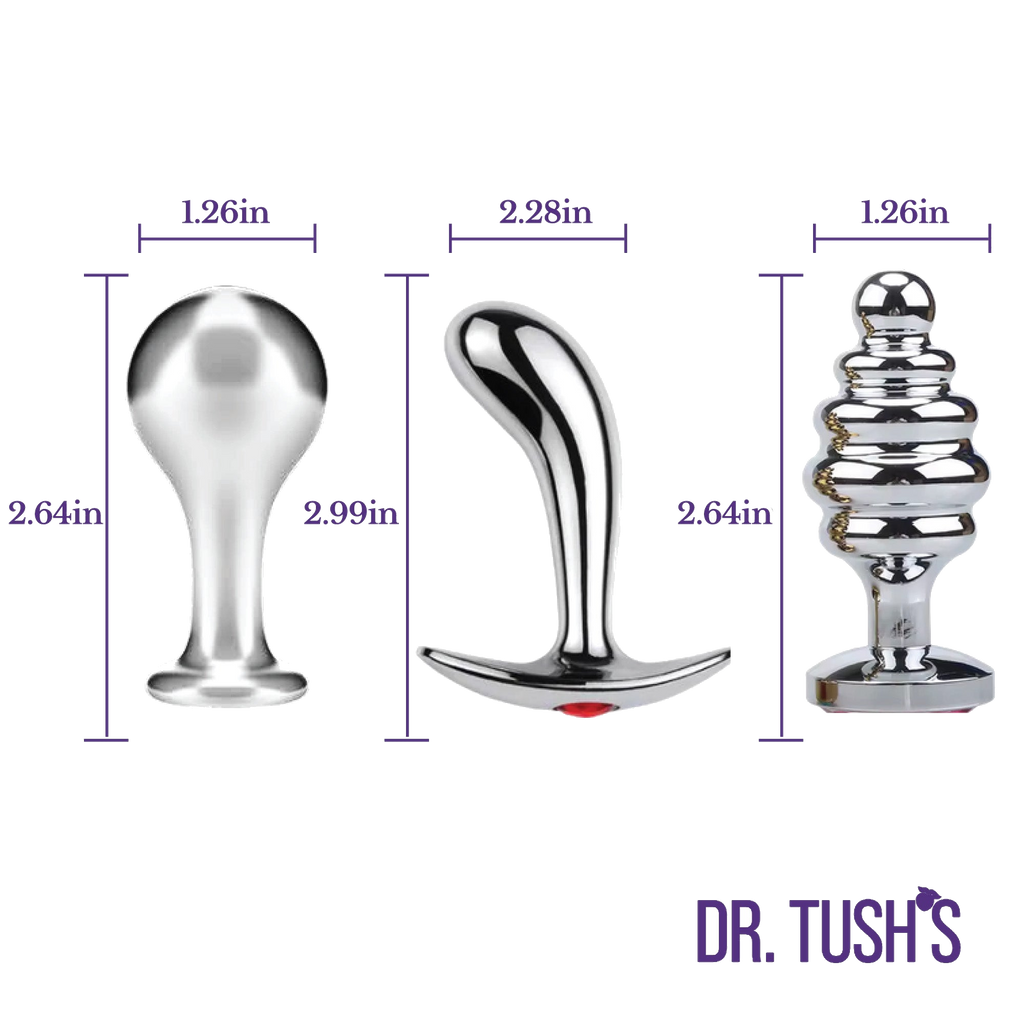 Three metallic butt plugs with measurements and 'Dr. Tush's' branding on a white background
