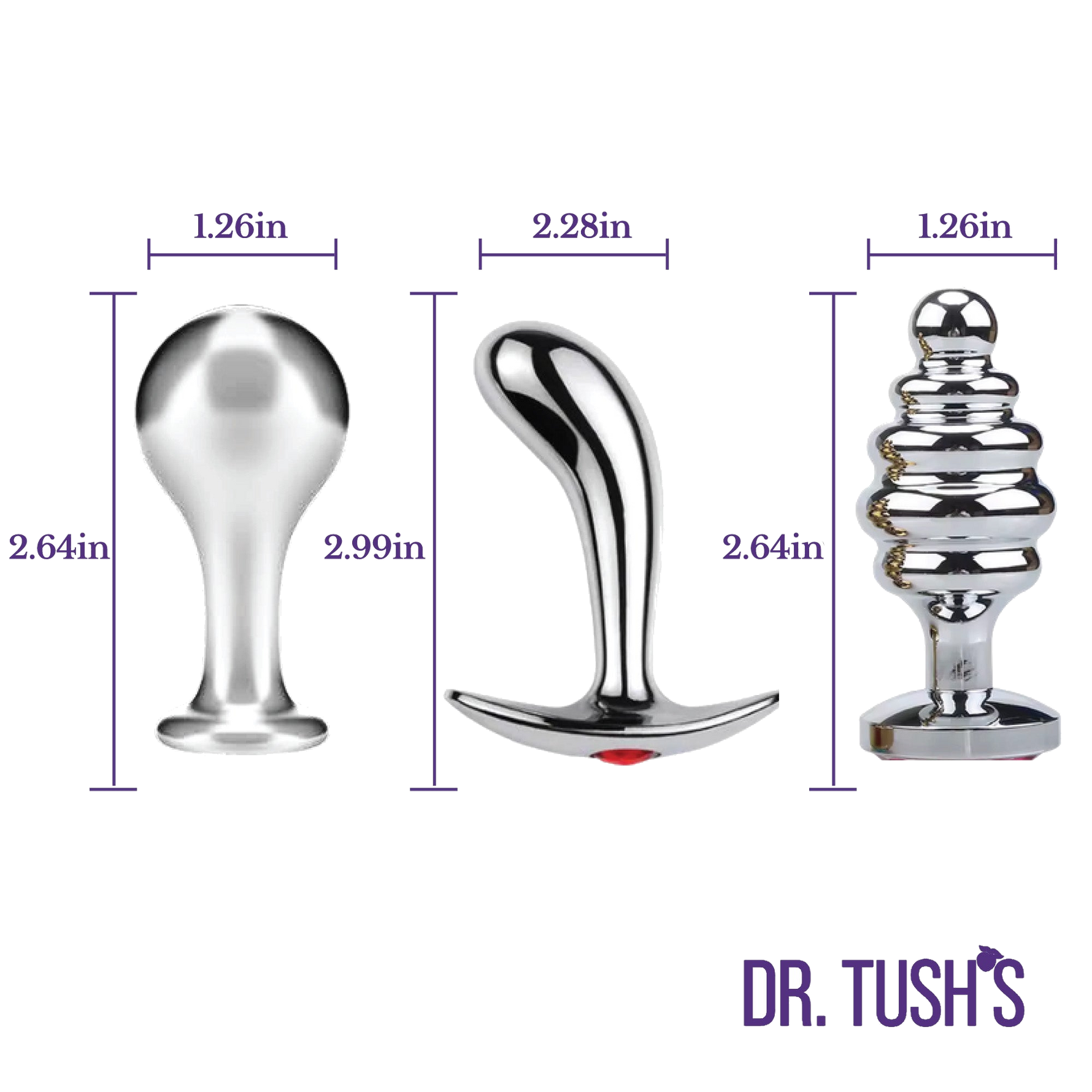 Three metallic butt plugs with measurements and 'Dr. Tush's' branding on a white background