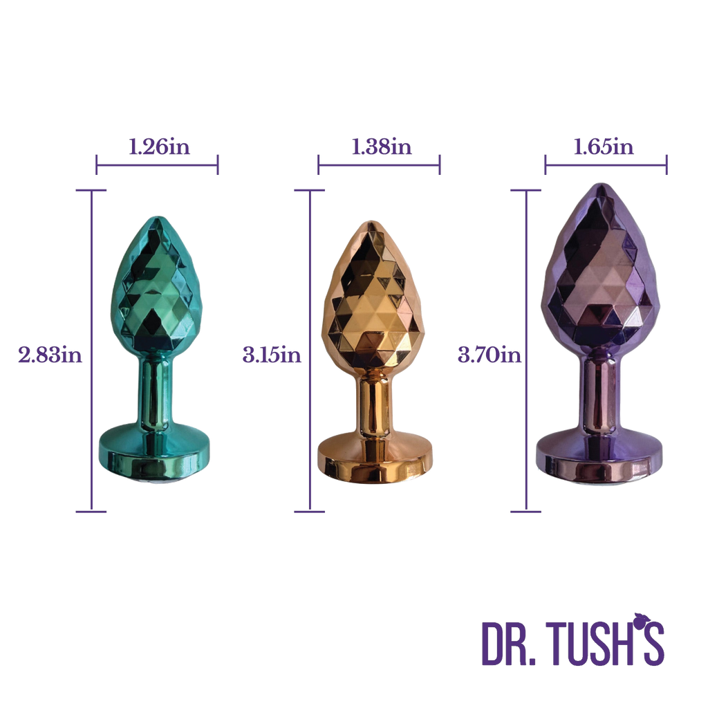 Three diamond-shaped butt plugs with measurements and 'Dr. Tush's' branding on a white background.