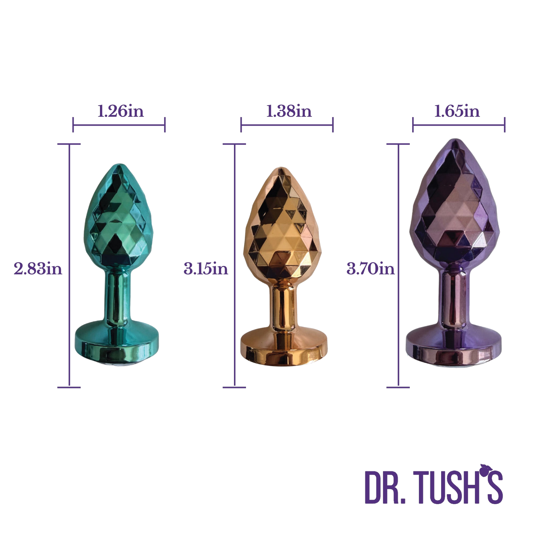 Three diamond-shaped butt plugs with measurements and 'Dr. Tush's' branding on a white background.
