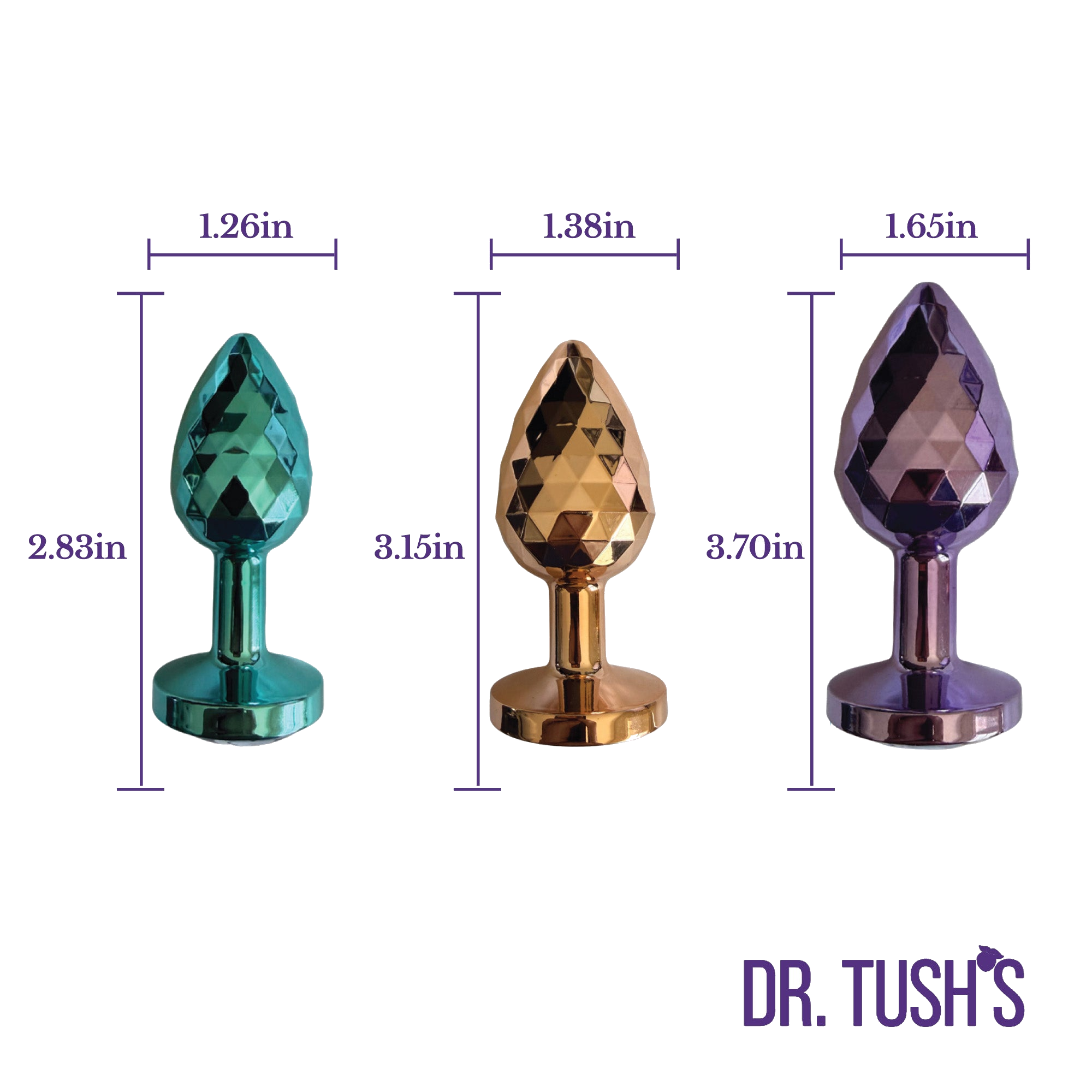 Three diamond-shaped butt plugs with measurements and 'Dr. Tush's' branding on a white background.