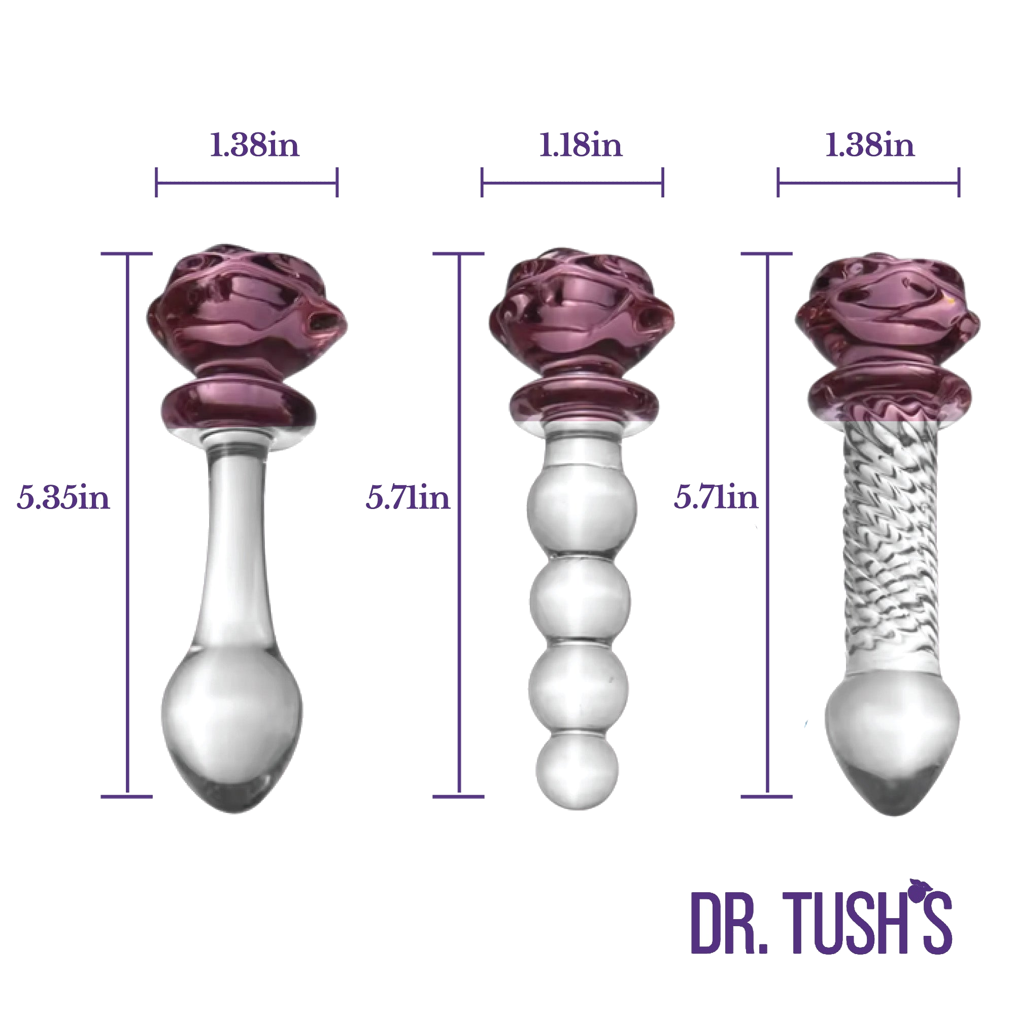 Three glass butt plugs and glass dildo with purple rose top  showing dimensions and clear design on a white background, branded 'Dr. Tush'.