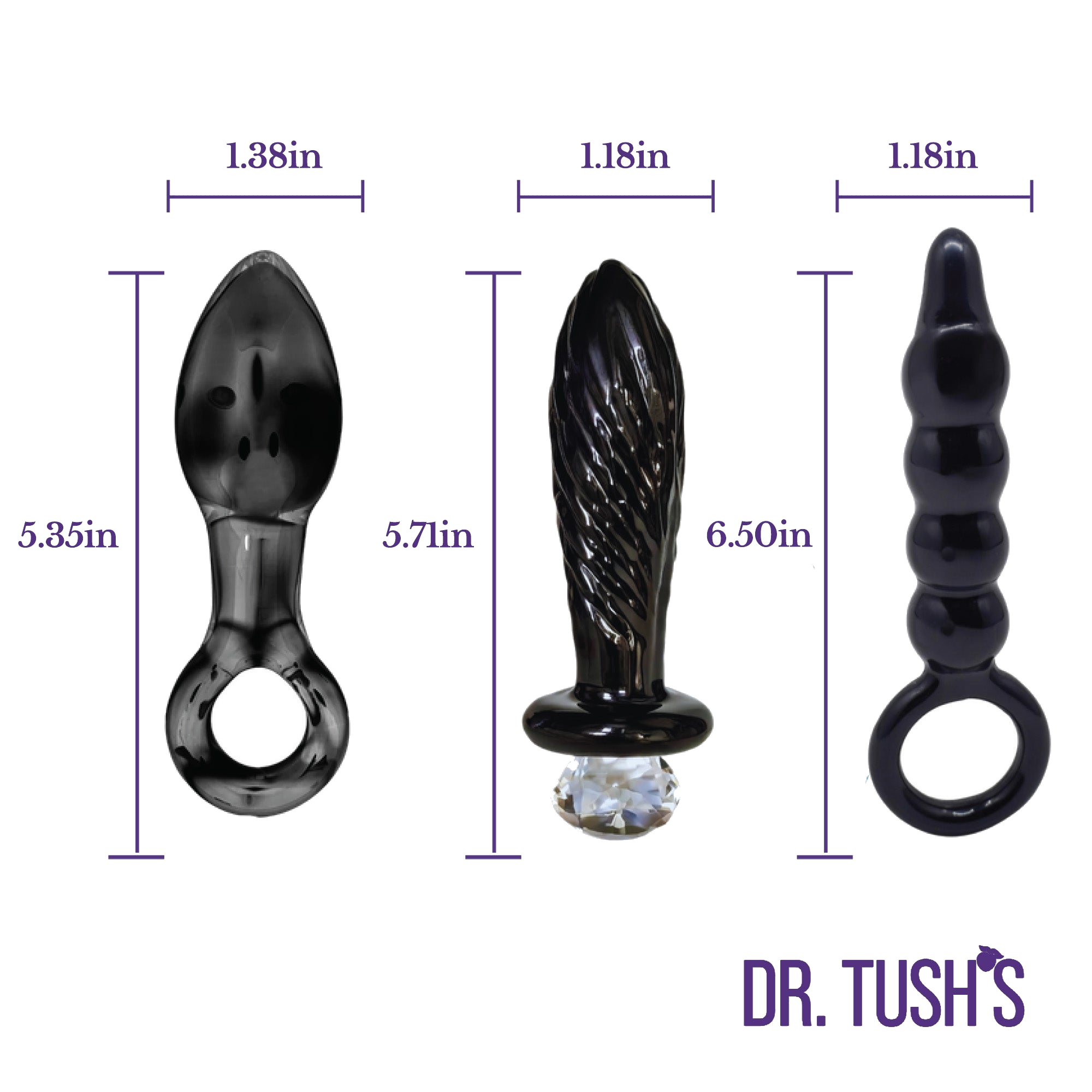 Three black glass butt plugs with dimensions on a white background with 'Dr. Tush's' branding. Dark Curiosity collection