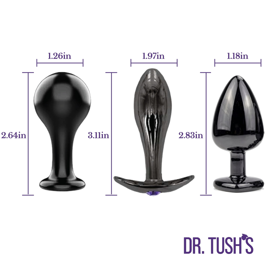 Three black glass butt plugs with measurements and 'Dr. Tush' branding on a white background