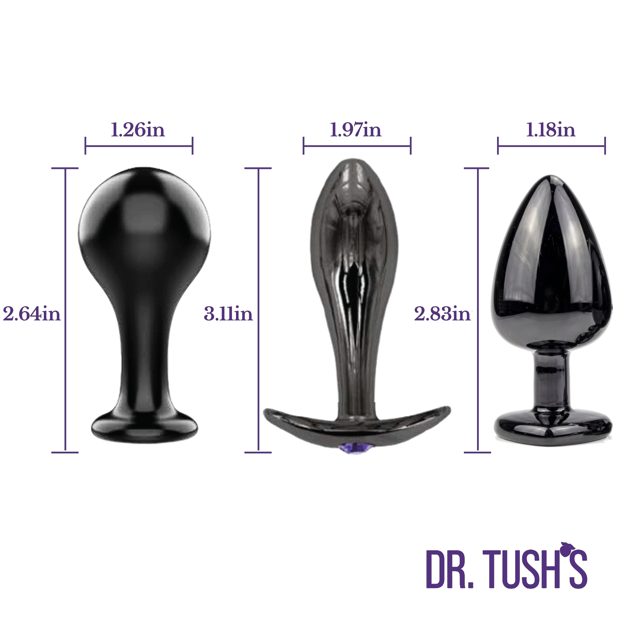 Three black glass butt plugs with measurements and 'Dr. Tush' branding on a white background