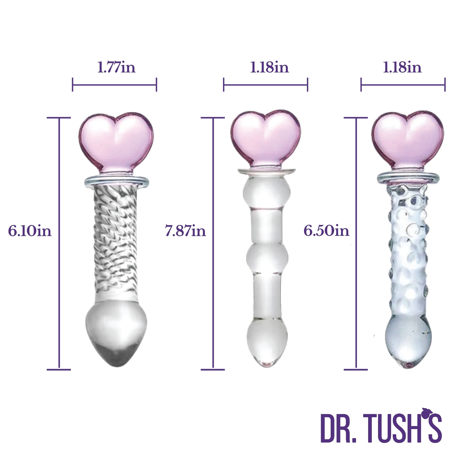 Three glass butt plugs with heart shaped top and glass dildo with pink heart top showing measurements and clear design on a white background, branded 'Dr. Tush'.