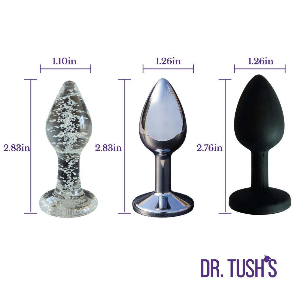 Beginner Anal Plugs with Glass, Metal and Silicone with measurements with 'Dr. Tush' branding on a white background