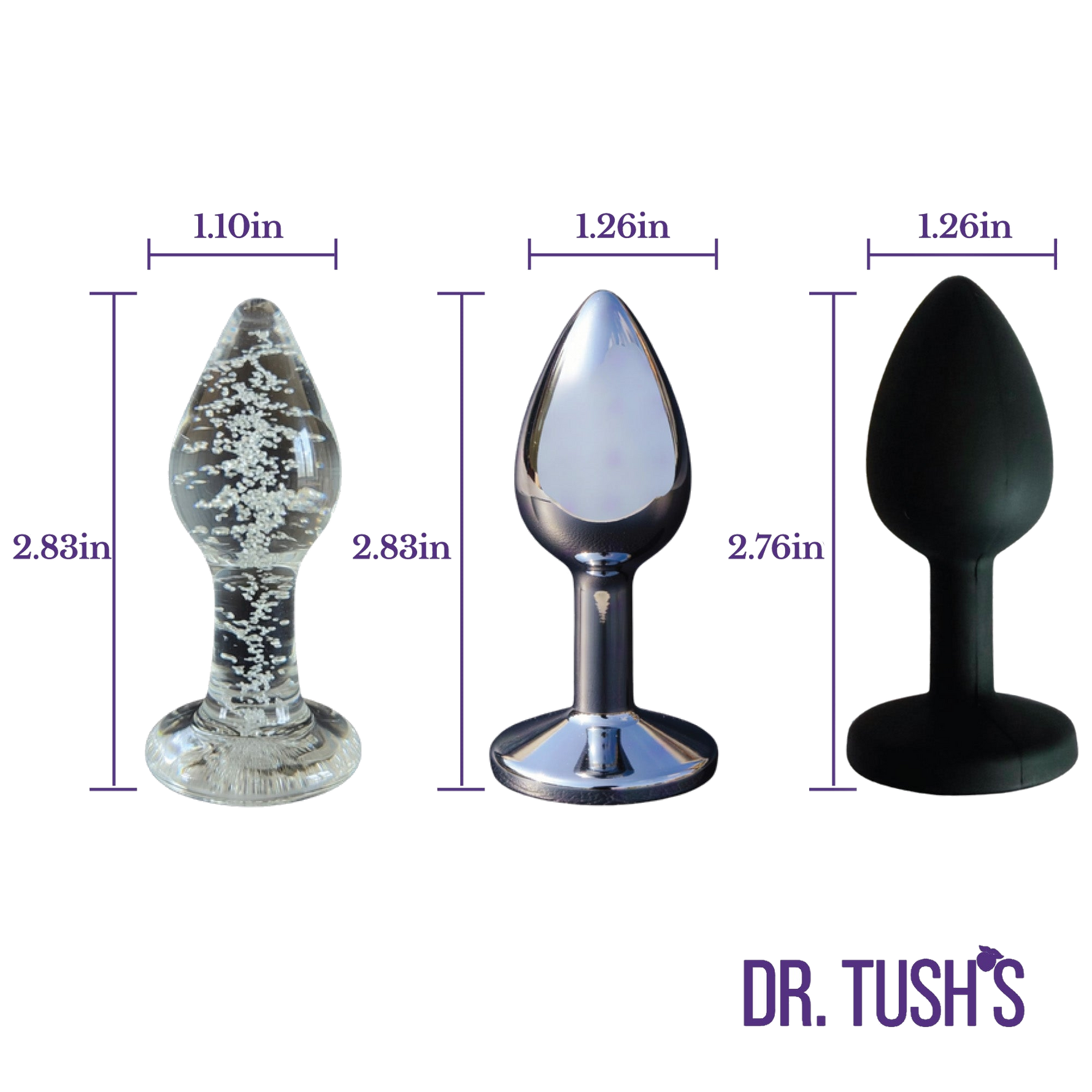 Beginner Anal Plugs with Glass, Metal and Silicone with measurements with 'Dr. Tush' branding on a white background