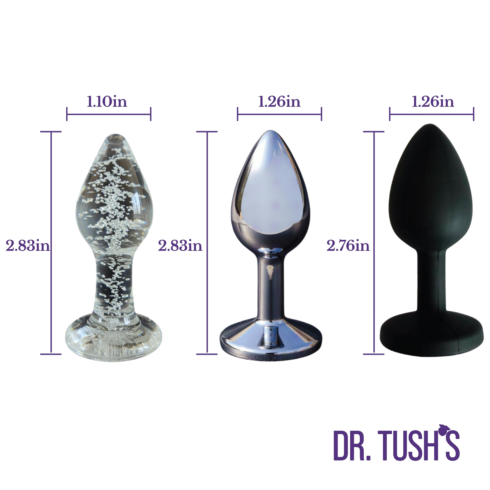Beginner Anal Plugs with Glass, Metal and Silicone with measurements with 'Dr. Tush' branding on a white background