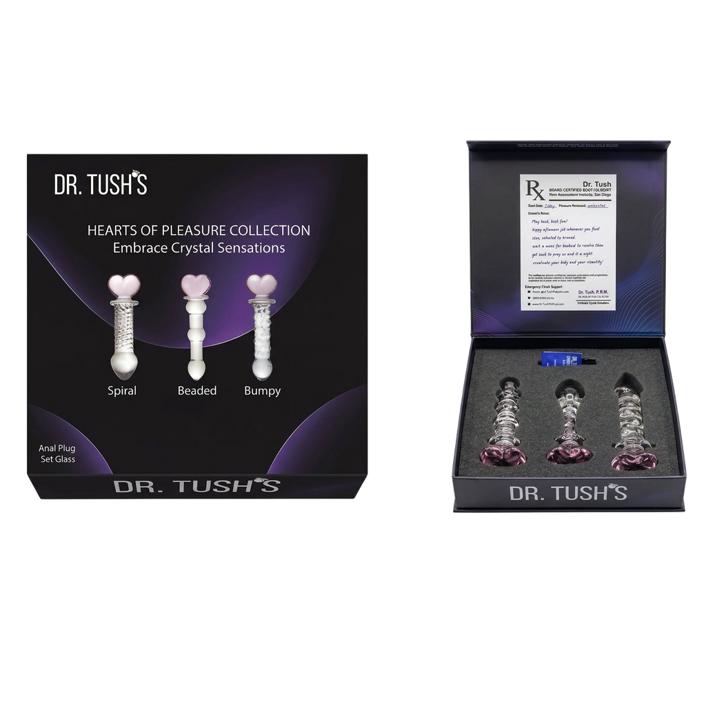 Dr. Tush's product packaging with three anal plugs and a purple heart design.