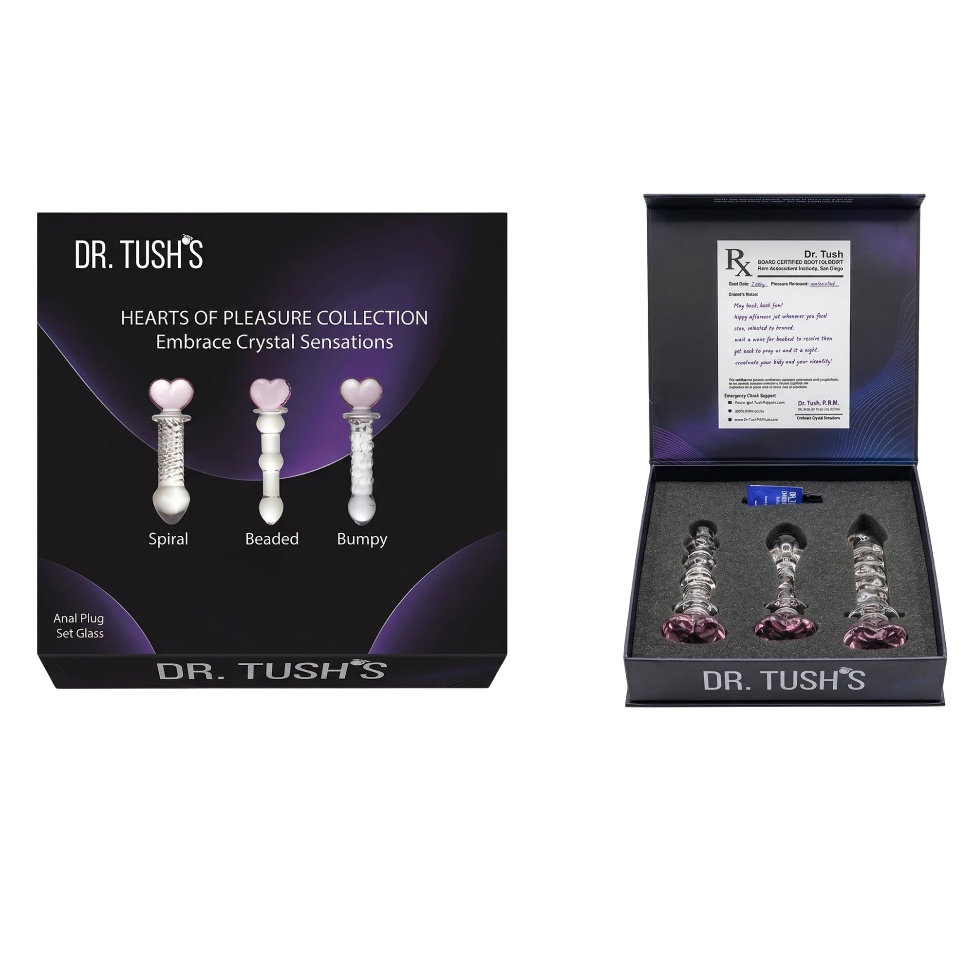 Dr. Tush's product packaging with three anal plugs and a purple heart design.