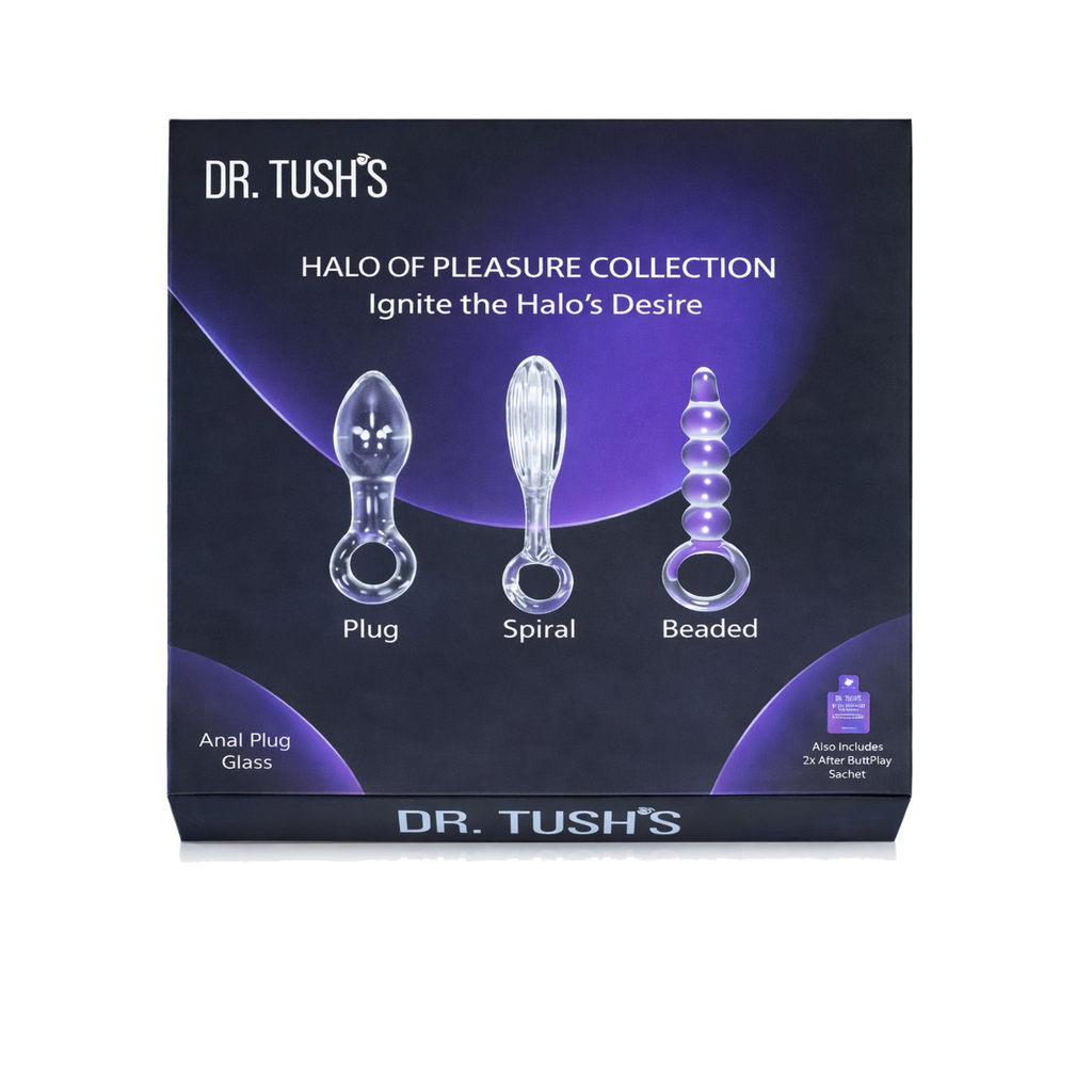 Dr. Tush's Halo of Pleasure Collection packaging with three product illustrations on a dark background.