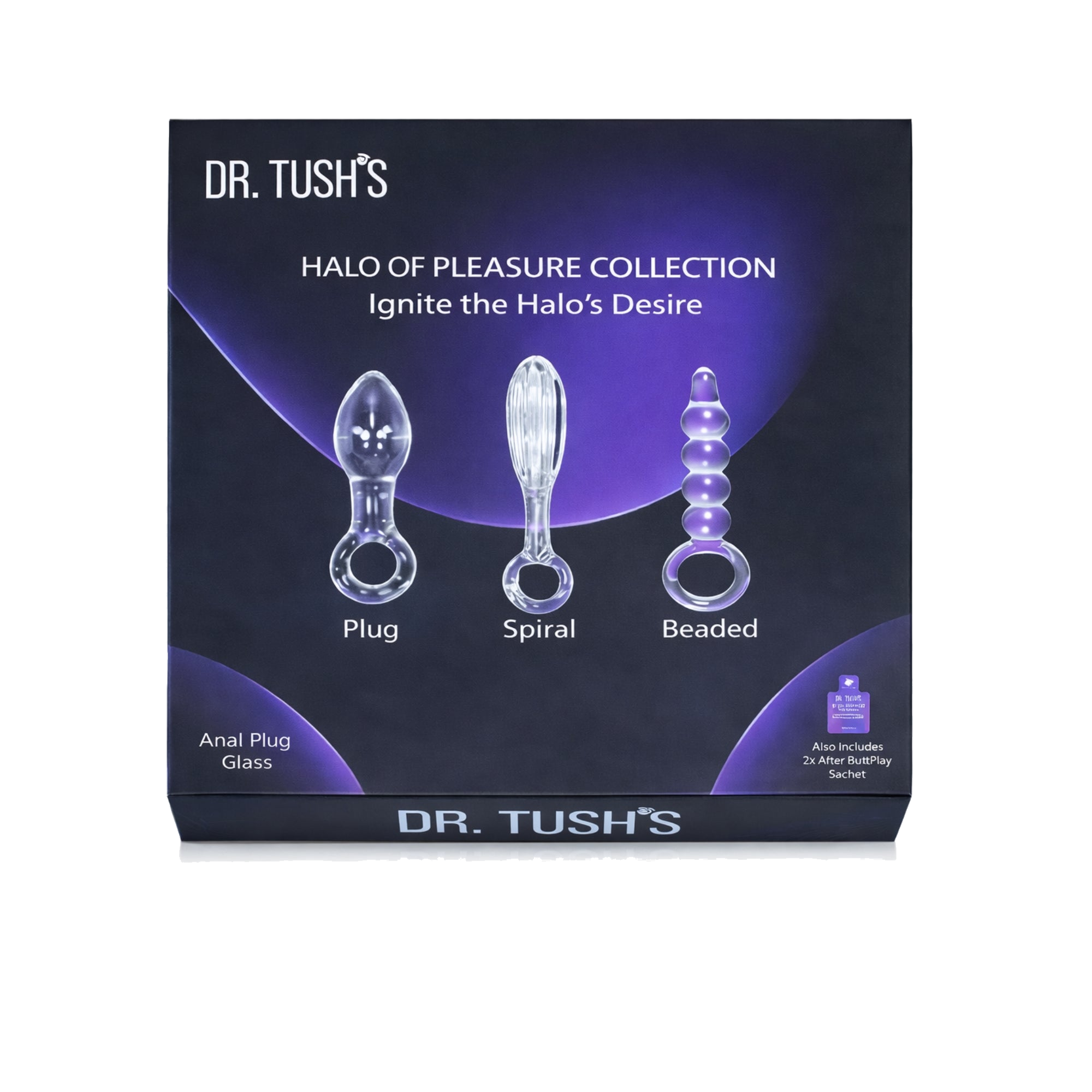 Dr. Tush's Halo of Pleasure Collection packaging with three product illustrations on a dark background.