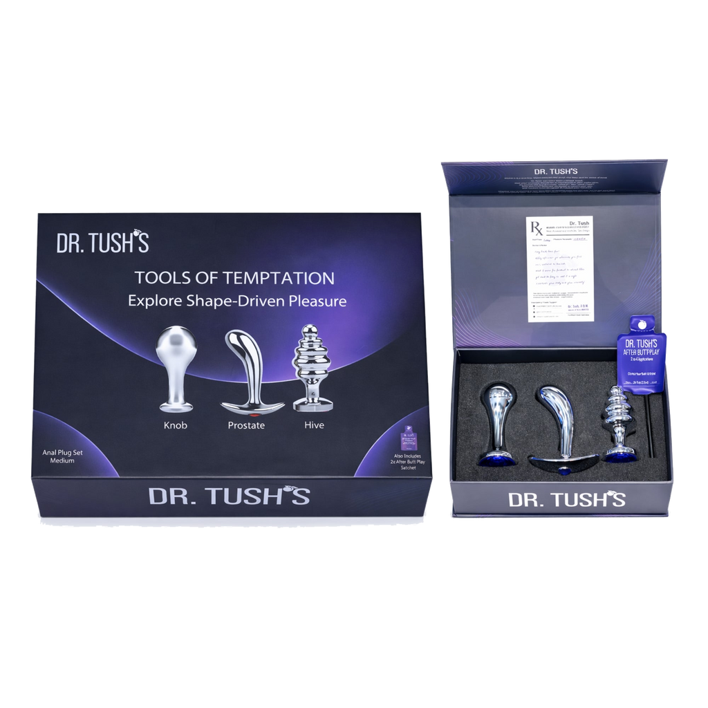 Dr. Tush's product packaging with tools labeled 'Knob', 'Prostate', and 'Hive' on a white background.