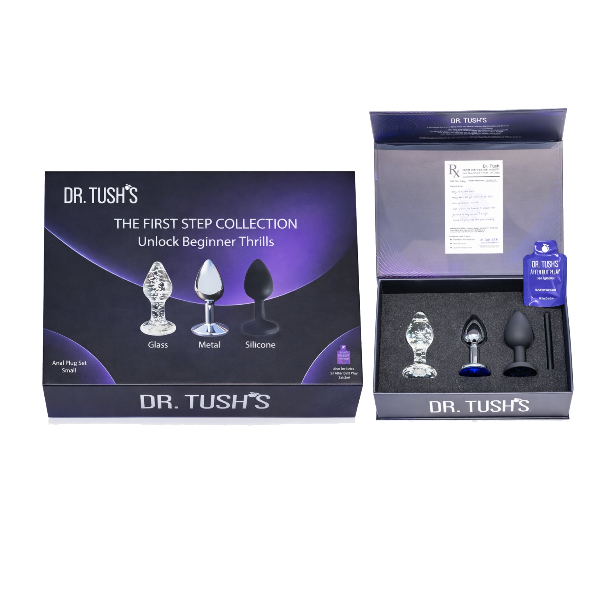 Dr. Tush's product packaging for 'The First Step Collection' on a white background