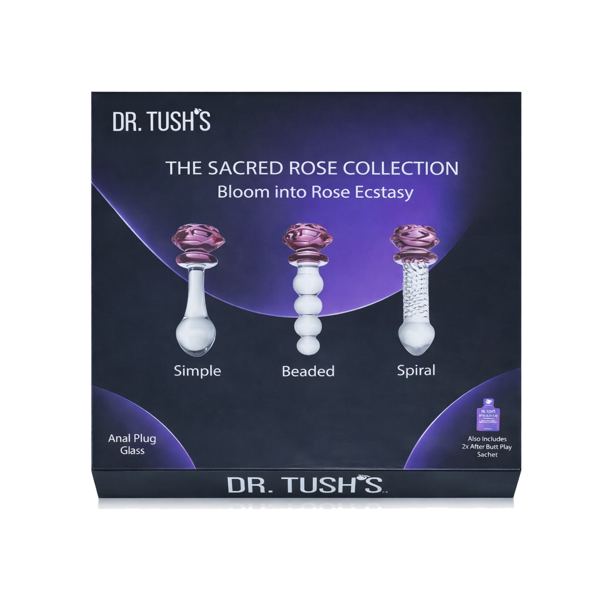 Dr. Tush's The Sacred Rose Collection packaging with Three glass butt plugs and glass dildo with purple rose top and clear design on a white background, branded 'Dr. Tush'. on a dark background.