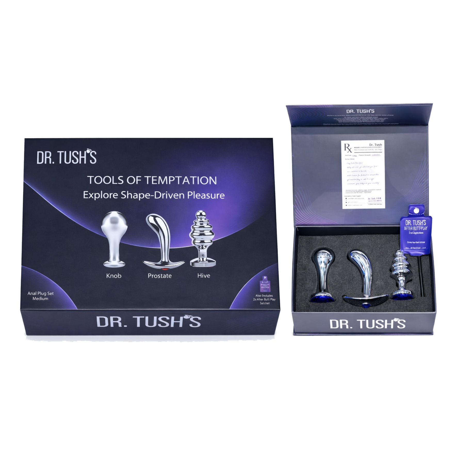 Dr. Tush's product packaging with tools labeled 'Knob', 'Prostate', and 'Hive' on a white background.
