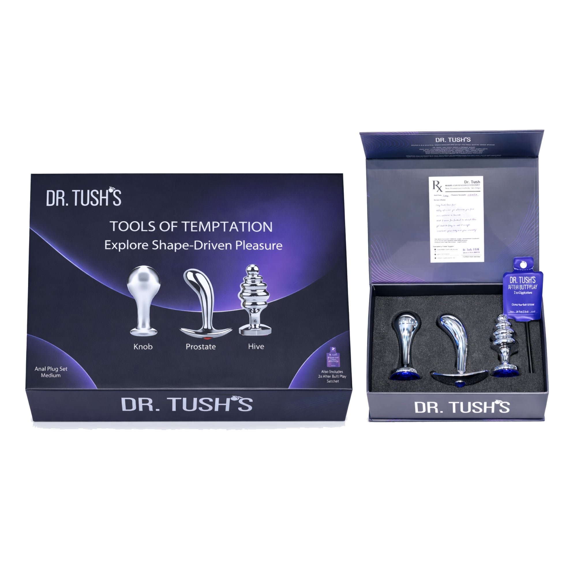 Dr. Tush's product packaging with tools labeled 'Knob', 'Prostate', and 'Hive' on a white background.