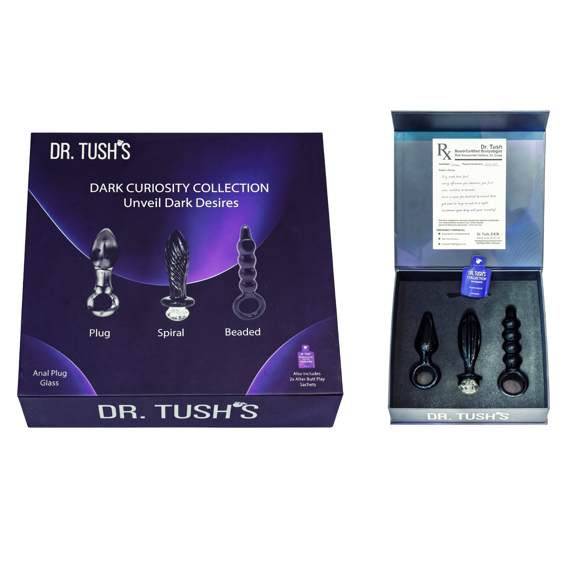 Dr. Tush's Dark Curiosity Collection packaging with product display