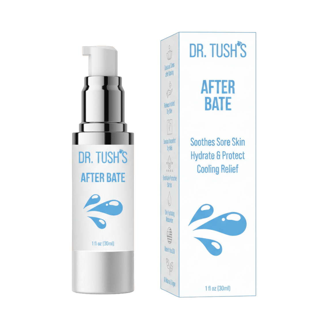 Dr. Tush's After Bate product with the cap removed and packaging on a transparent background