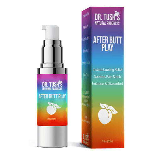 Dr. Tush's After Butt Play product with rainbow packaging without cap on a transparent background