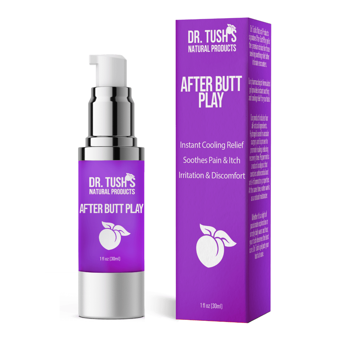 Dr. Tush's After Butt Play product with bottle and purple packaging on a transparent background
