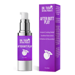 Dr. Tush's After Butt Play product with bottle and purple packaging on a transparent background