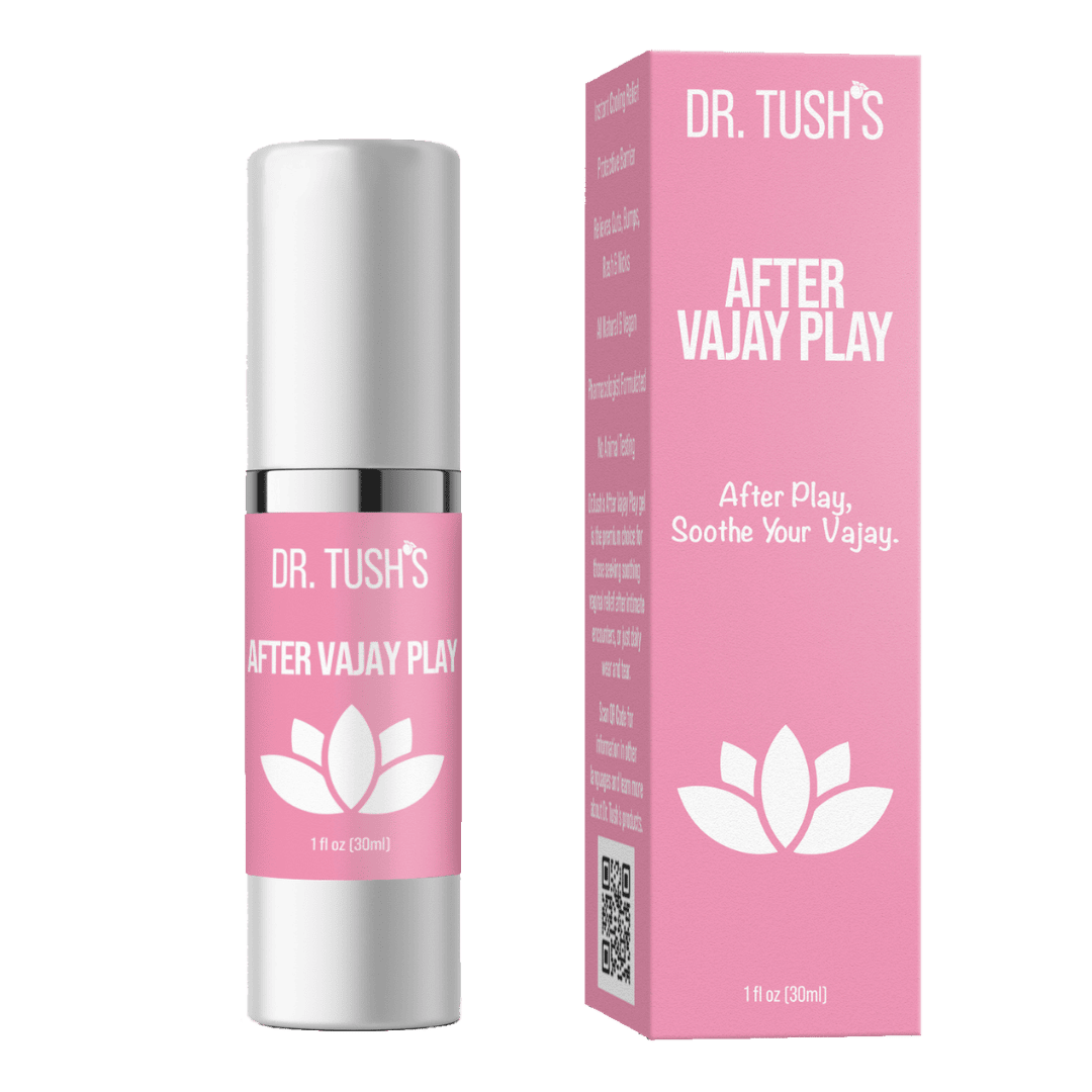Dr. Tush's After Vajay Play product with pink packaging and silver cap on a transparent background