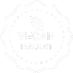 Circular logo with a central design element, surrounded by text about Vegan Product